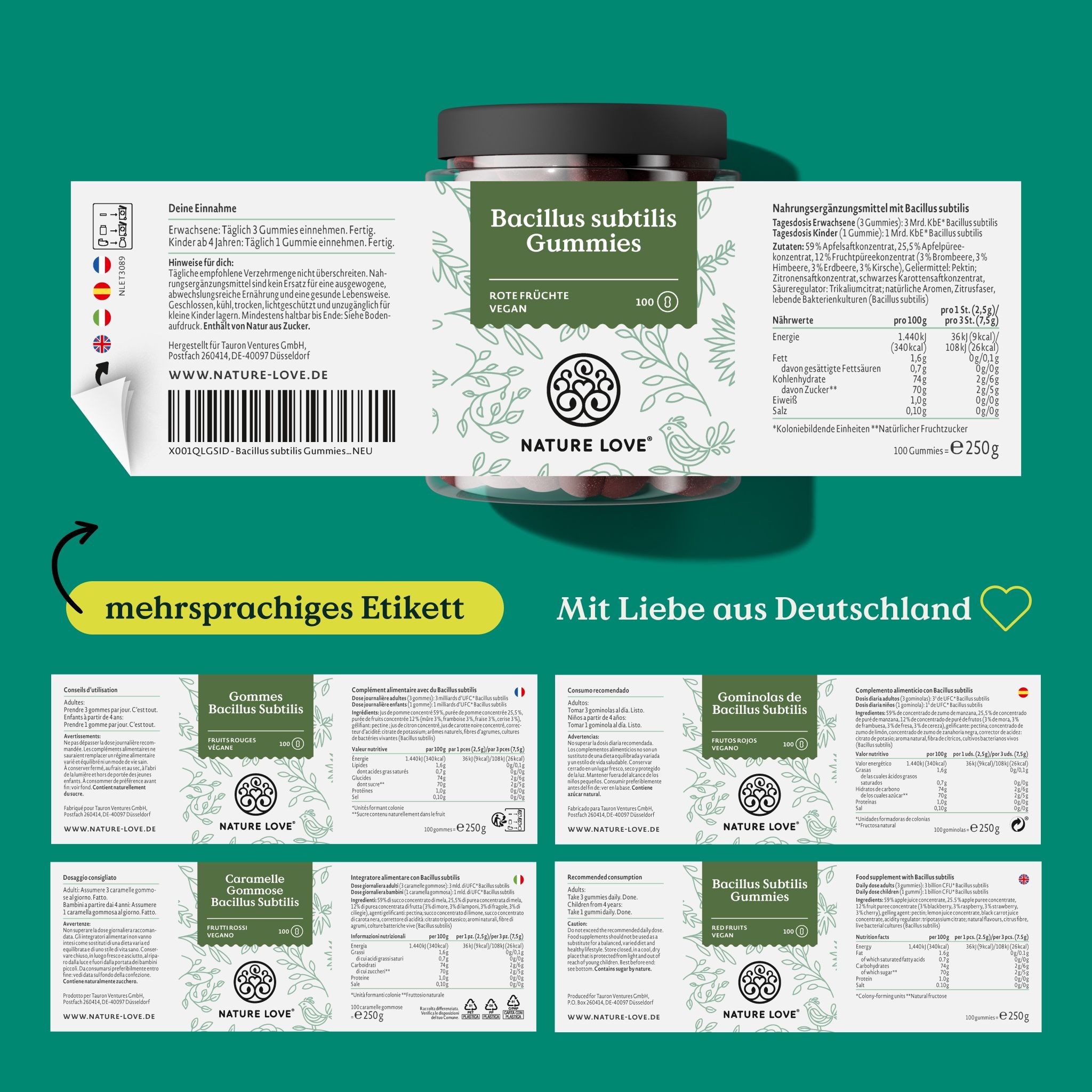 Produktverpackung mit mehrsprachigem Etikett. Aufgedruckte Informationen zu Inhaltsstoffen und Nährwerten. Logo NATURE LOVE®.