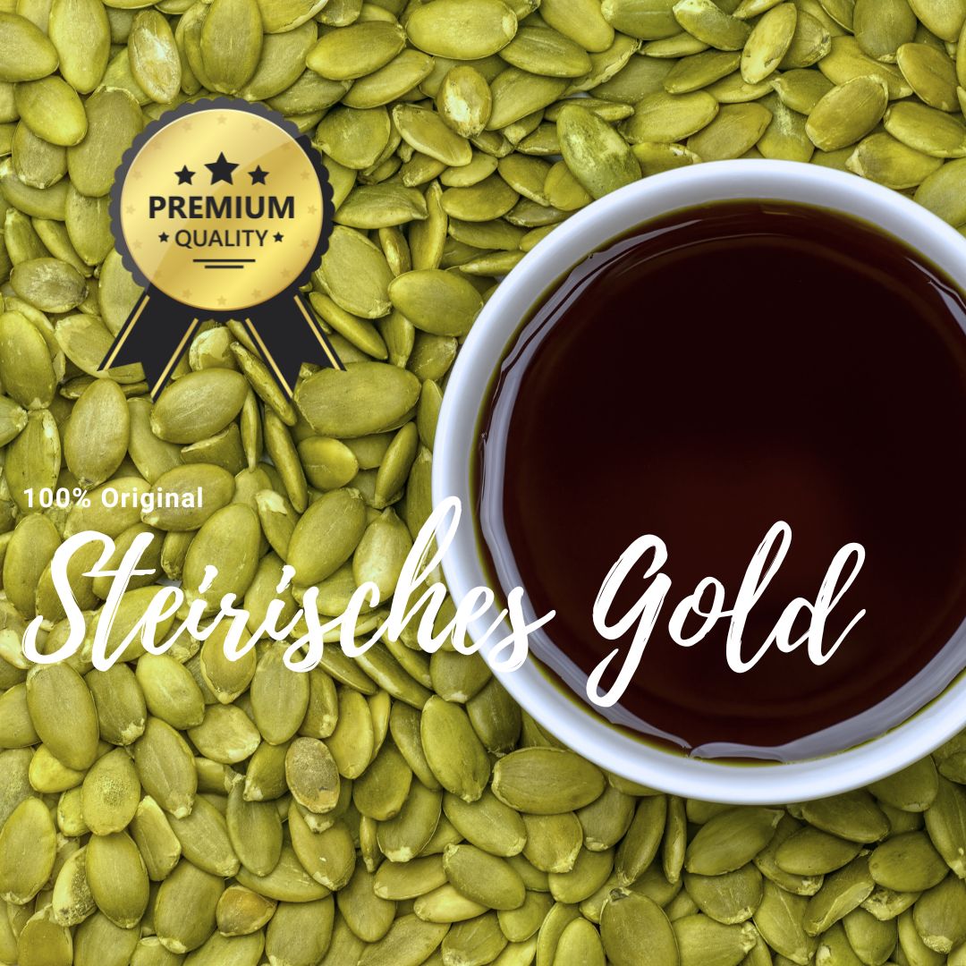 Kaffeetasse mit dunklem Öl auf Kürbiskernen. Text 'Steirisches Gold' und 'Premium Quality'.