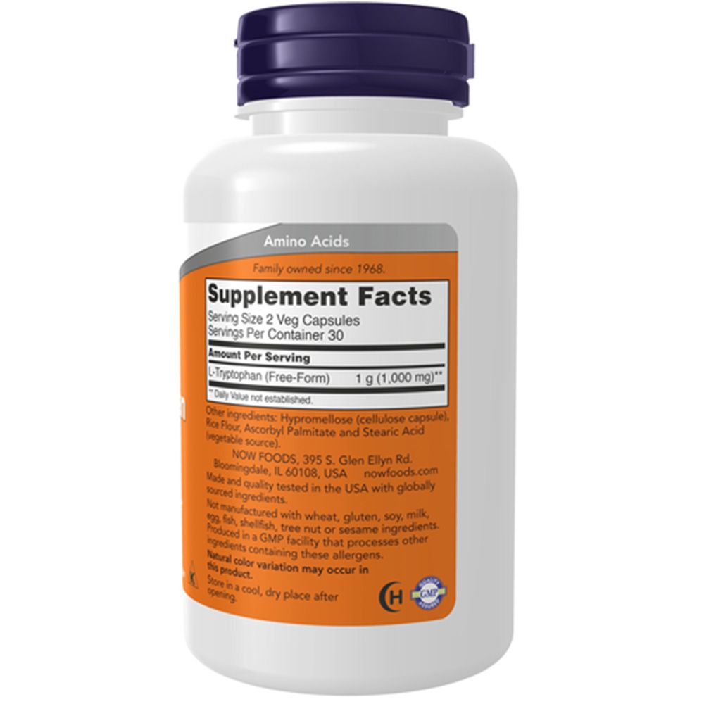 Weiße Flasche mit blauem Deckel. Orangefarbenes Etikett mit "Supplement Facts" und Inhaltsangaben. Enthält L-Tryptophan. NOW Foods.