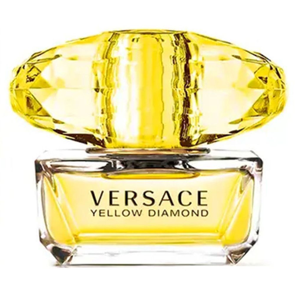 Gelbes Parfüm Versace Yellow Diamond. Quadratischer Flakon mit gelbem Deckel. Schriftzug Versace.