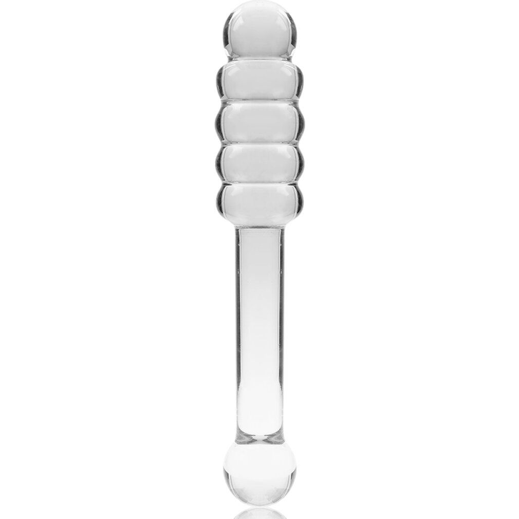 Borosilikatglas-Dildo, 20,5 cm lang, mit geripptem Kopf und kugelförmigem Griff.