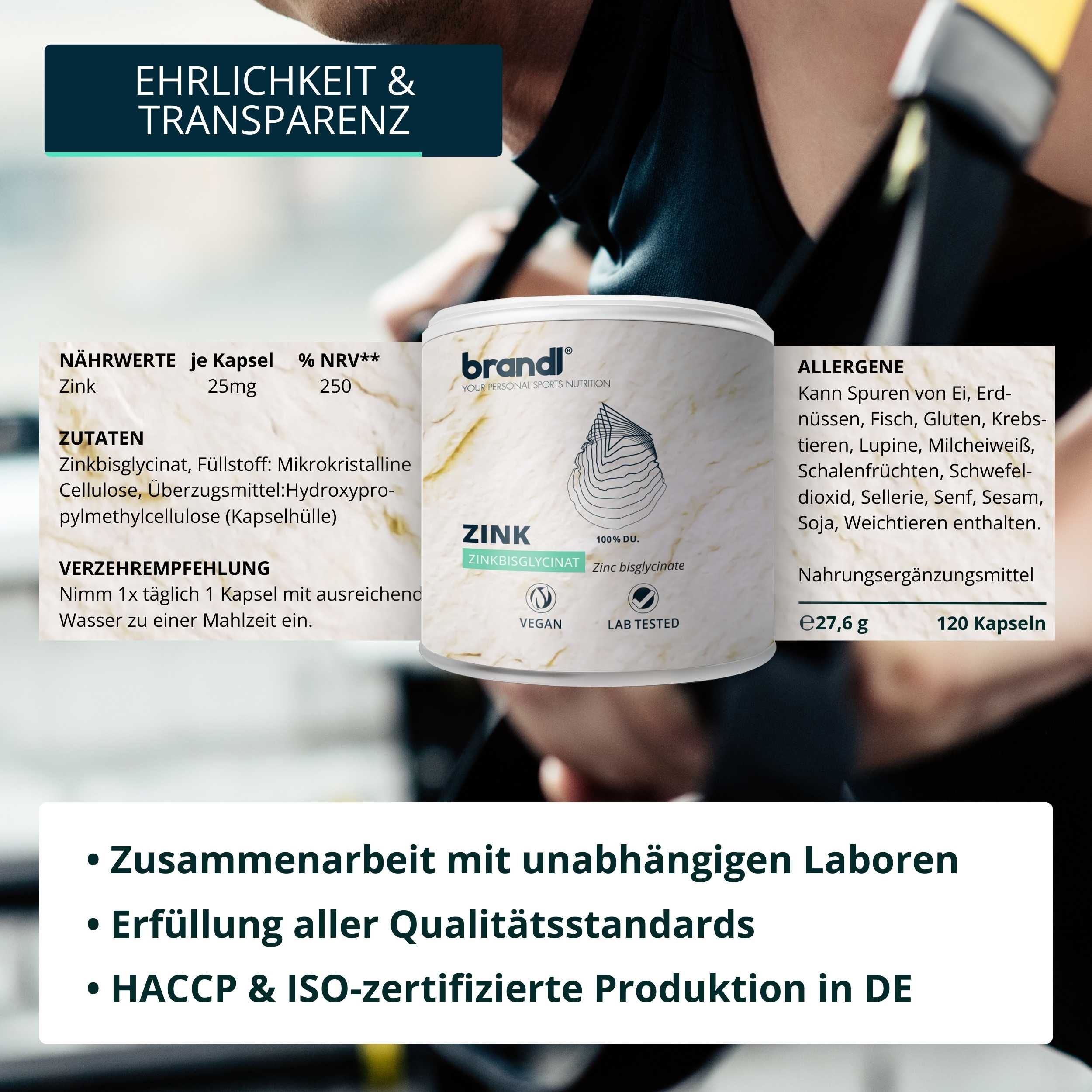 Dose brandl® Zink Bisglycinat mit Text. Text: Zink, Zinkbisglycinat, vegan, laborgeprüft. Inhaltsstoffe und Allergene.