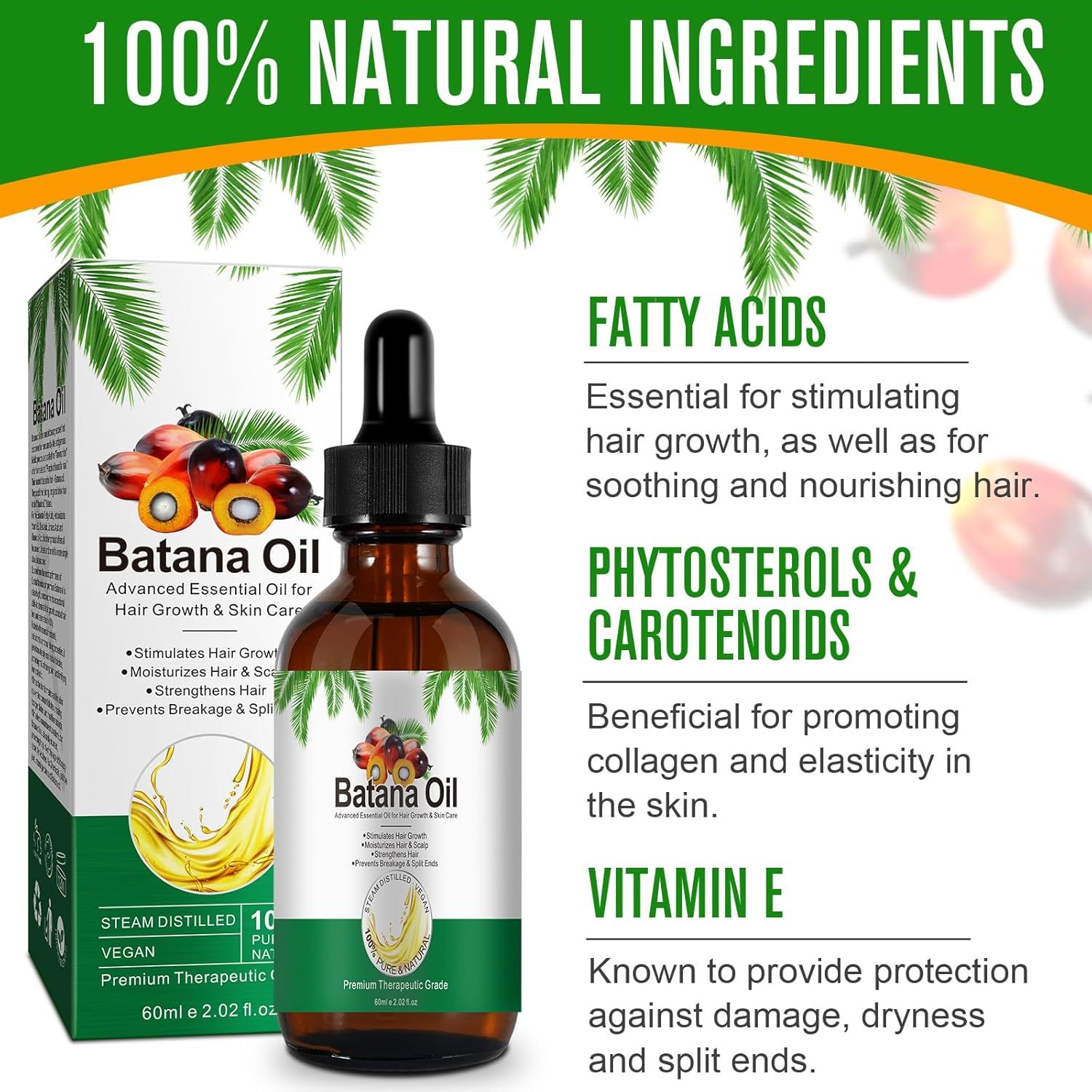 Batana Oil-Flasche und -Verpackung mit Inhaltsstoffinformationen. Text: 100% natürliche Inhaltsstoffe, Fettsäuren, Phytosterole, Vitamin E.