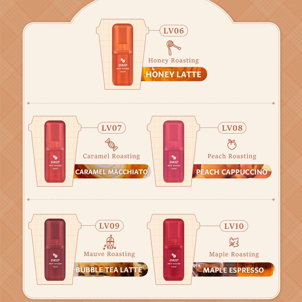 Fünf Lip Tint-Flakons in Kaffeetassen-Grafik. Farben: Orange, Rot, Rosa, Lila, Rotbraun. Text: 'LV06 Honey Roasting' etc.