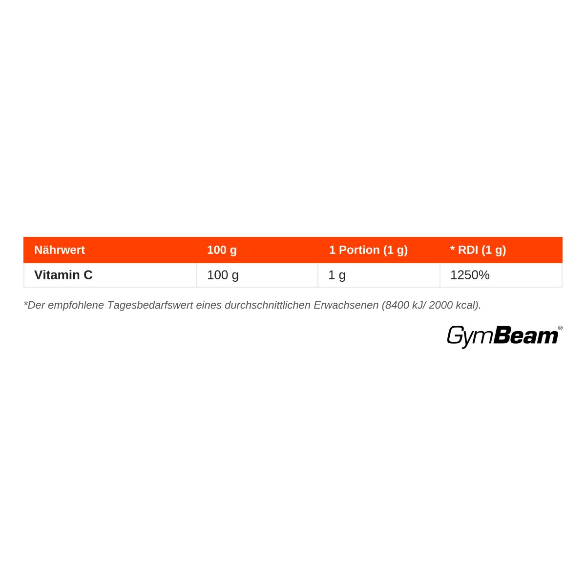 Nährwertangaben für GymBeam Vitamin C: 100g Pulver enthalten 1g Vitamin C (1250% RDI).