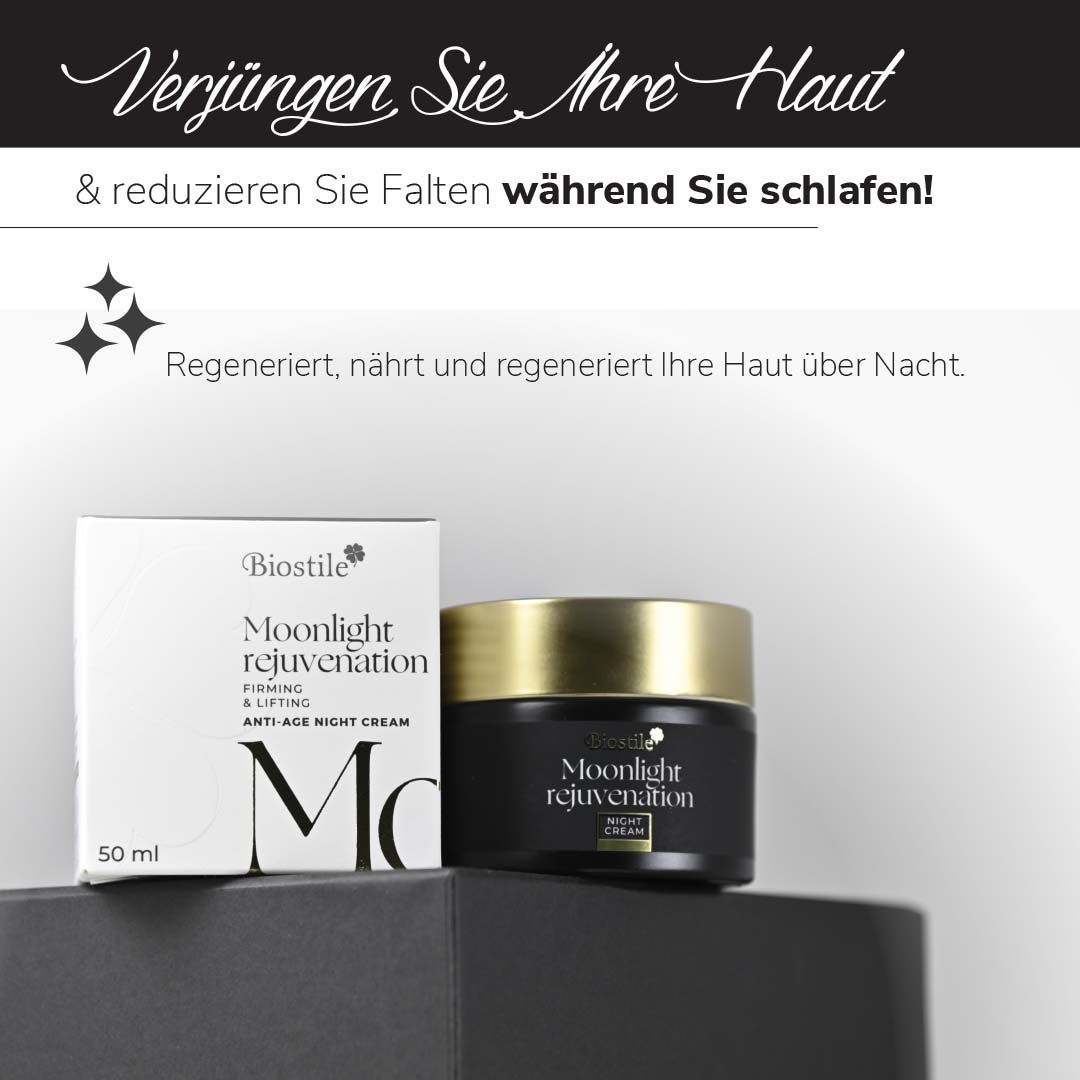 Biostile Moonlight Rejuvenation Nachtcreme Dose und Verpackung auf dunklem Podest.