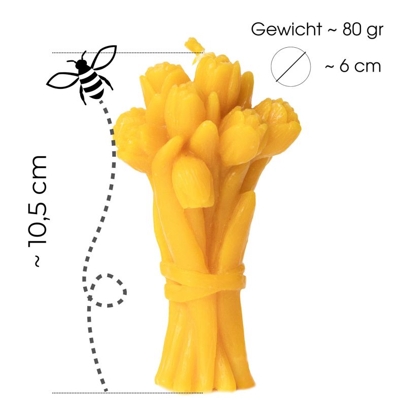 Gelbe Wachskerze in Tulpenform. Maße: ca. 10,5 cm hoch, 6 cm Durchmesser, 80 g Gewicht.