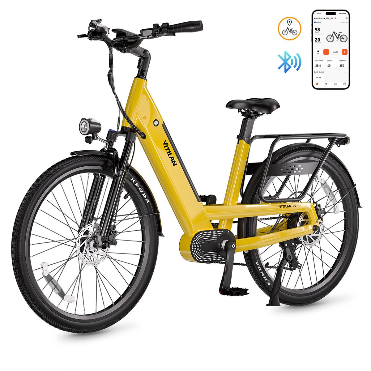 Gelbes Vitilan L5 E-Bike mit Smartphone-App. Schwarze Reifen, Gepäckträger, Scheinwerfer. Bluetooth-Symbol.