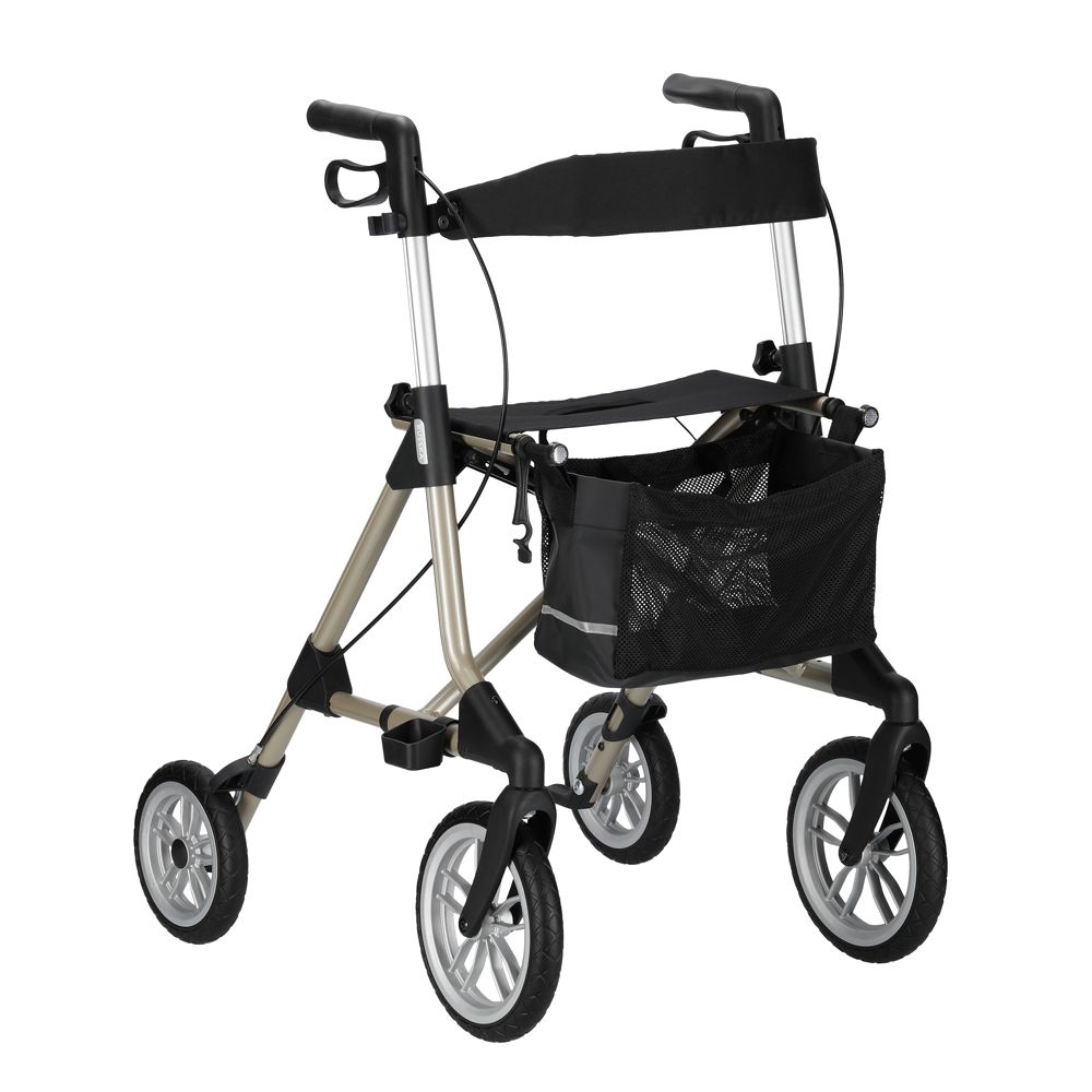 Russka Rollator Elan Tour: Frontale Ansicht eines silbernen Rollators mit schwarzem Sitz, Rückenlehne und Einkaufstasche.