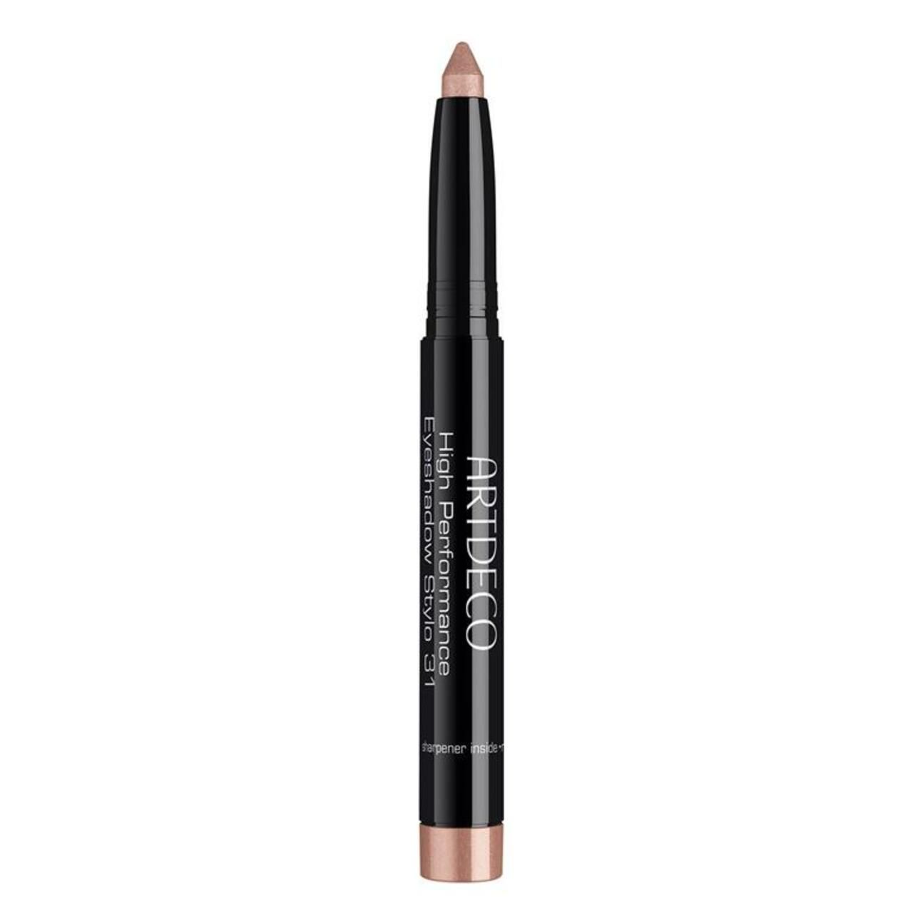 Artdeco High Performance Eyeshadow Stylo. Schwarzer Stift mit beigefarbener Spitze. Produktname und Marke sind sichtbar.