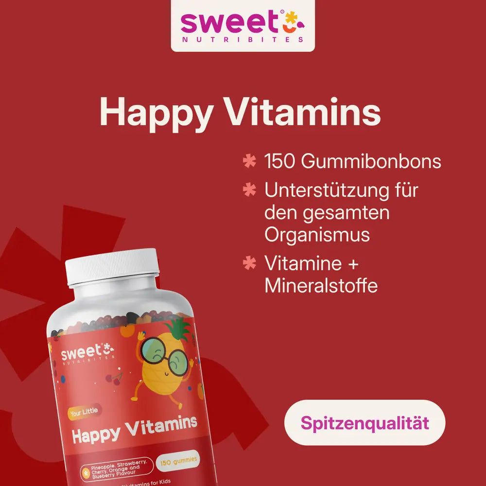 Flasche Sweet Nutribites Happy Vitamins. Text: Happy Vitamins, 150 Gummibonbons, Unterstützung für den gesamten Organismus, Vitamine + Mineralstoffe.
