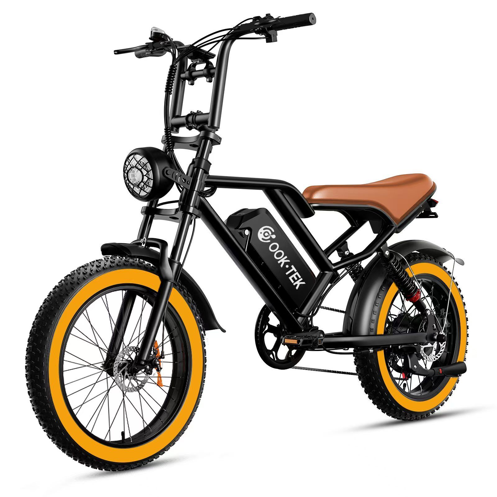 Schwarzes E-Bike mit braunem Sattel und gelben Reifen. OOK-TEK Logo auf dem Rahmen. Frontscheinwerfer und breite Reifen.