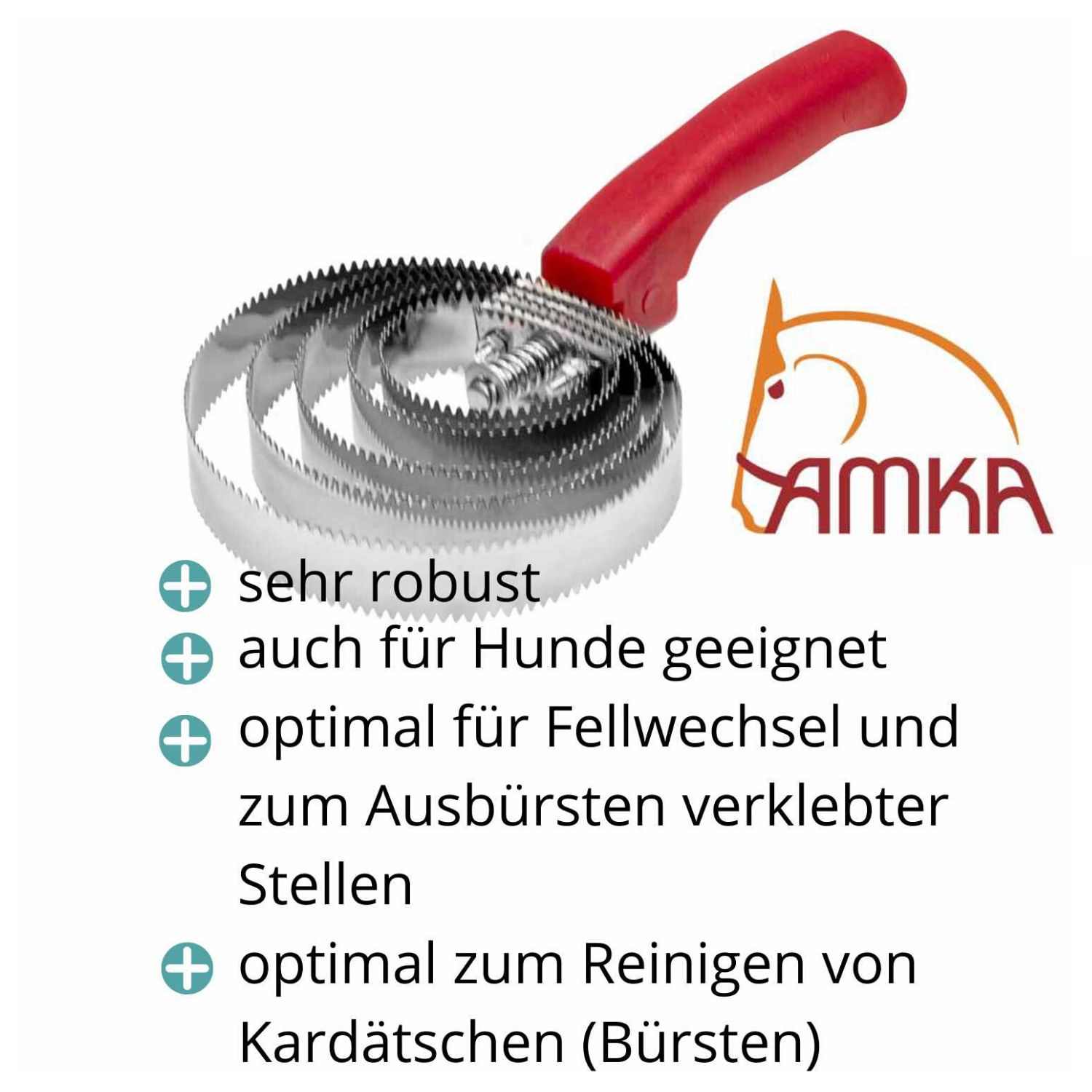 AMKA Federstriegel. Roter Griff, Metallzähne. Text: sehr robust, auch für Hunde geeignet, optimal für Fellwechsel.
