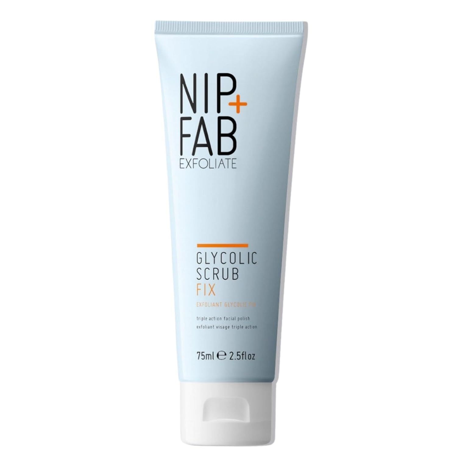 Hellblaue Tube mit weißem Deckel. Aufschrift: NIP+FAB EXFOLIATE, GLYCOLIC SCRUB FIX. 75ml 2.5 fl oz.