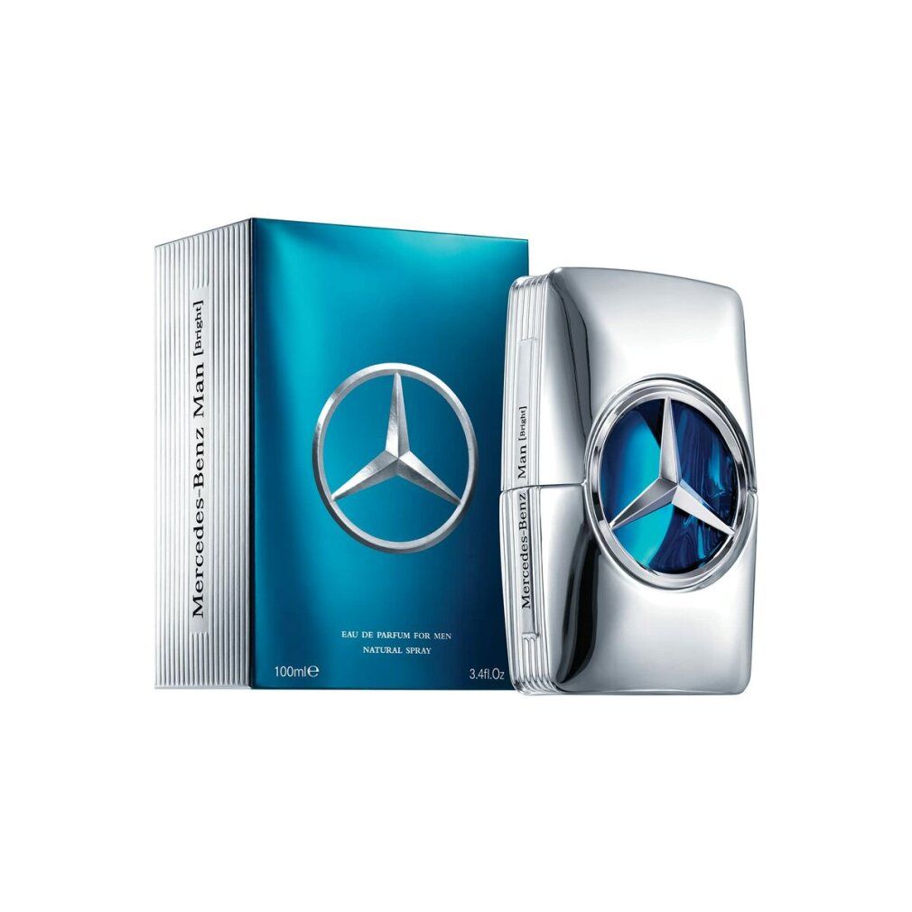 Silberfarbener Flakon und blaue Verpackung. Mercedes-Benz Logo. Eau de Parfum für Männer. 100ml.