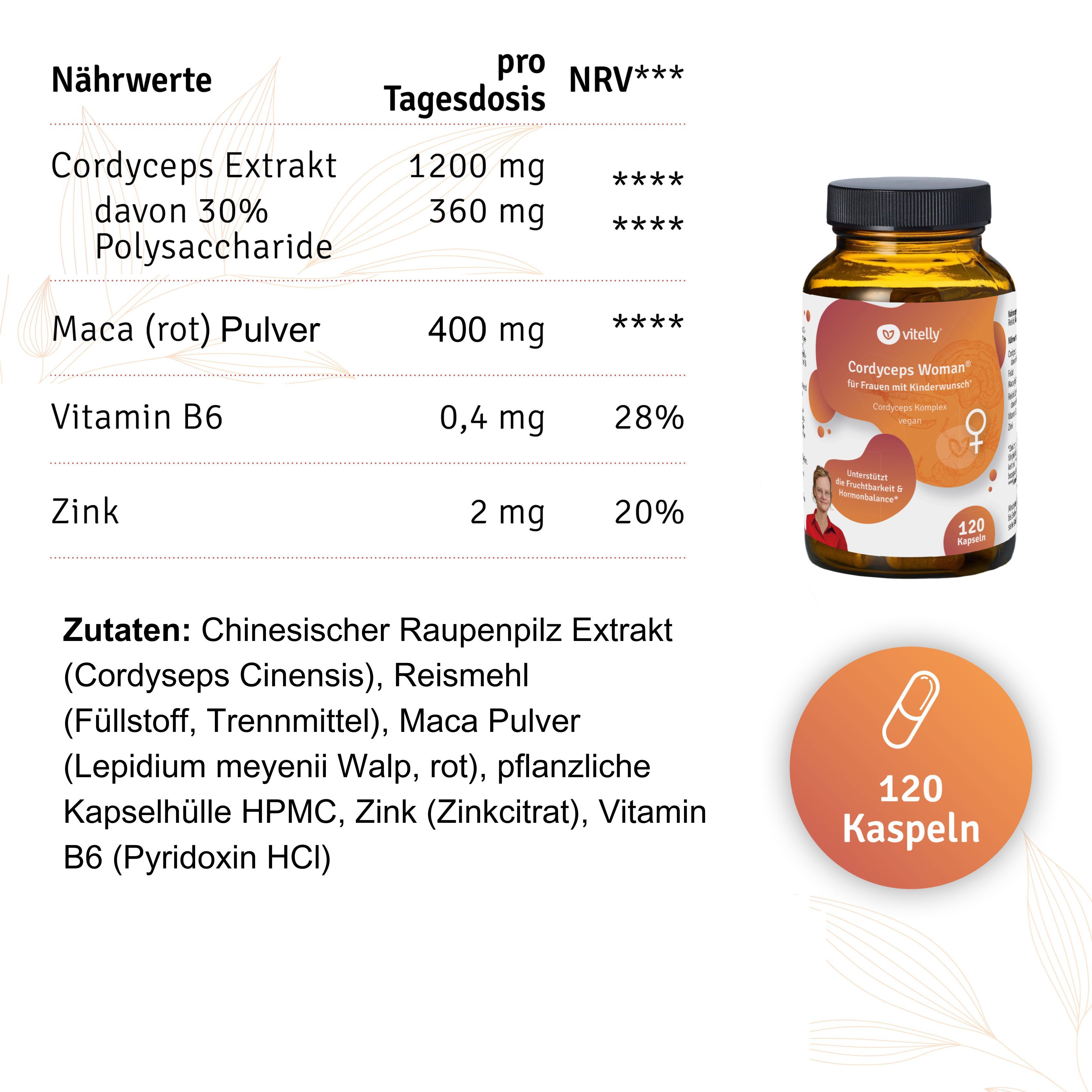 vitelly Cordyceps Woman® Zyklus Kapseln für Frauen mit Kinderwunsch ausreichend für einen Monat