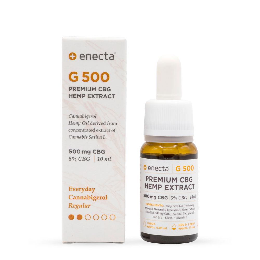 Braune Glasflasche und Karton mit Produktinformationen. Aufschrift: Enecta G 500 Premium CBG Hemp Extract.