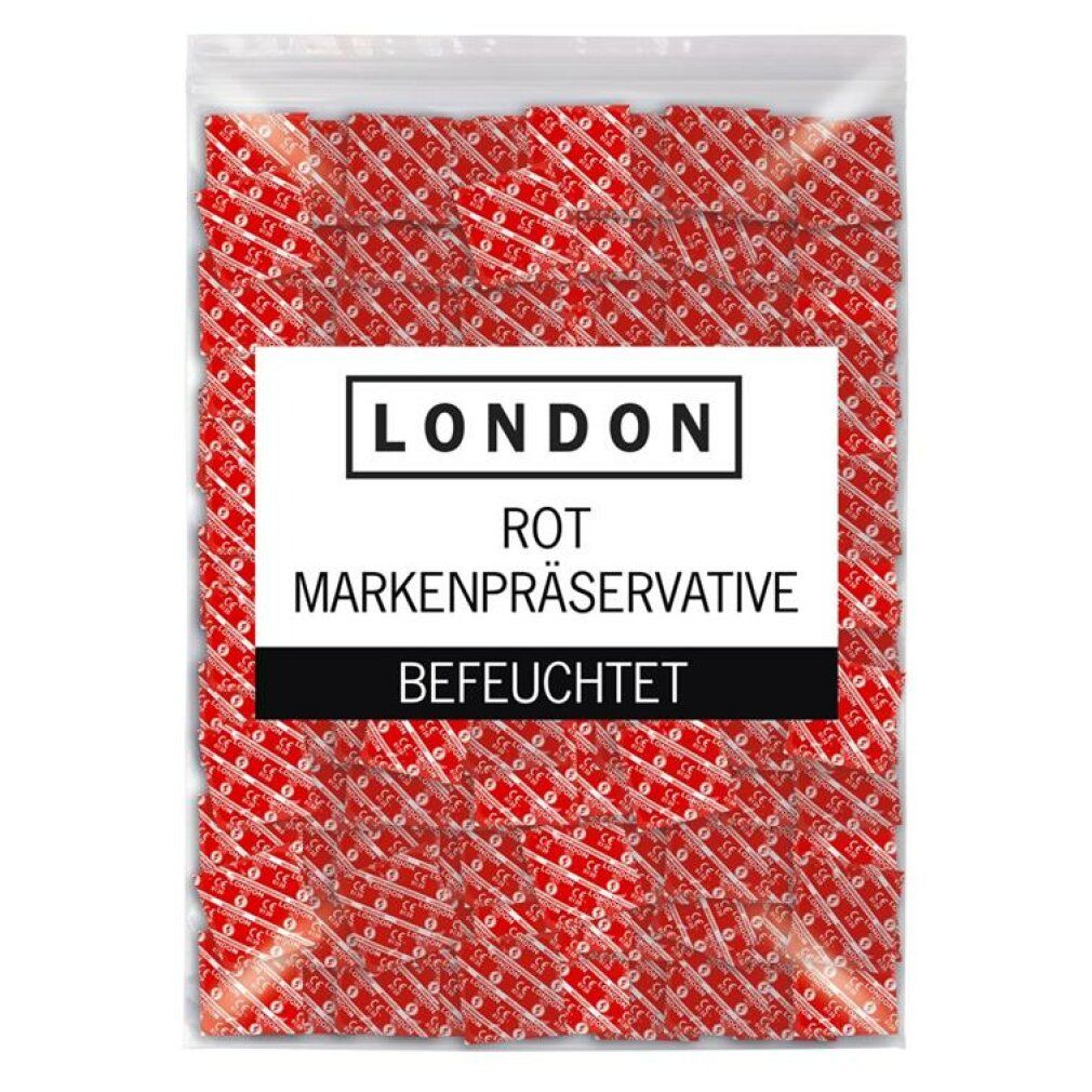 Nahaufnahme eines roten Kondoms. Aufschrift: LONDON, ROT, CE 0120, BEFEUCHTET.