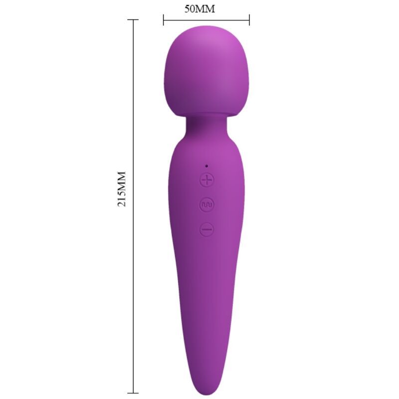 Lila Massagegerät mit Maßen: 215mm lang, Kopf 50mm breit. Ergonomische Form.