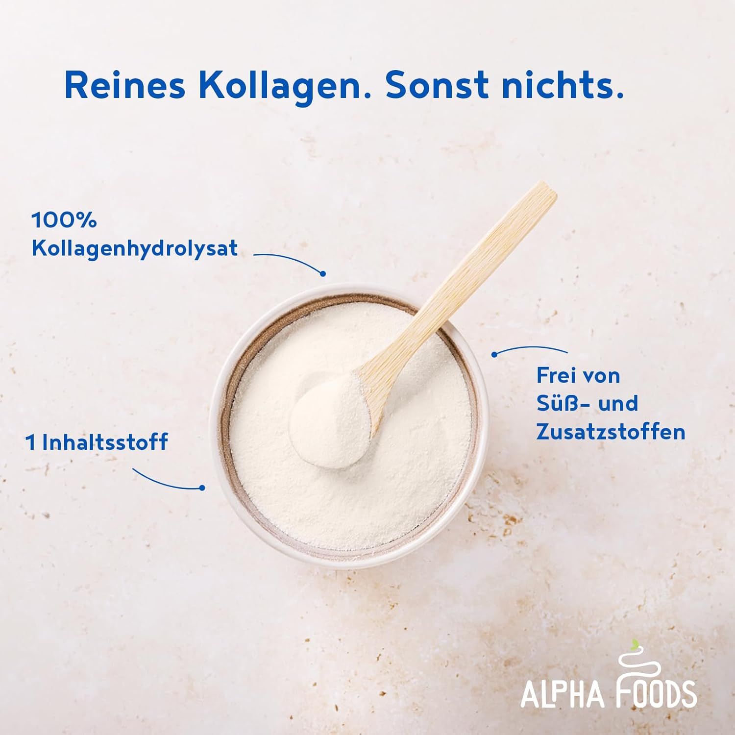 Schüssel mit Kollagenpulver und Löffel. Text: 100% Kollagenhydrolysat, frei von Süß- und Zusatzstoffen, 1 Inhaltsstoff. Marke: Alpha Foods.