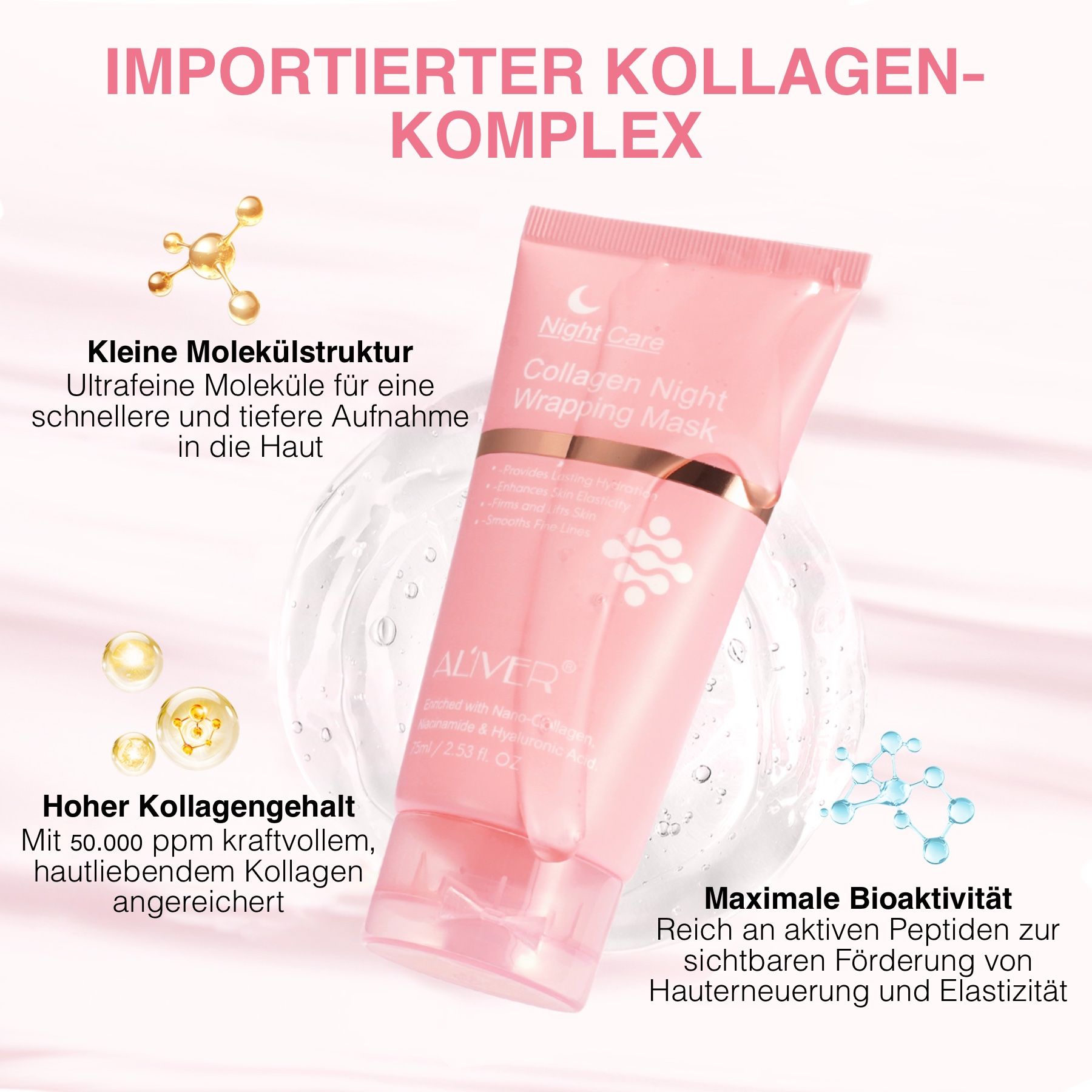 Tube mit ALIVER-Logo. Text: Collagen Night Wrapping Mask. Importierter Kollagen-Komplex. Hoher Kollagengehalt.
