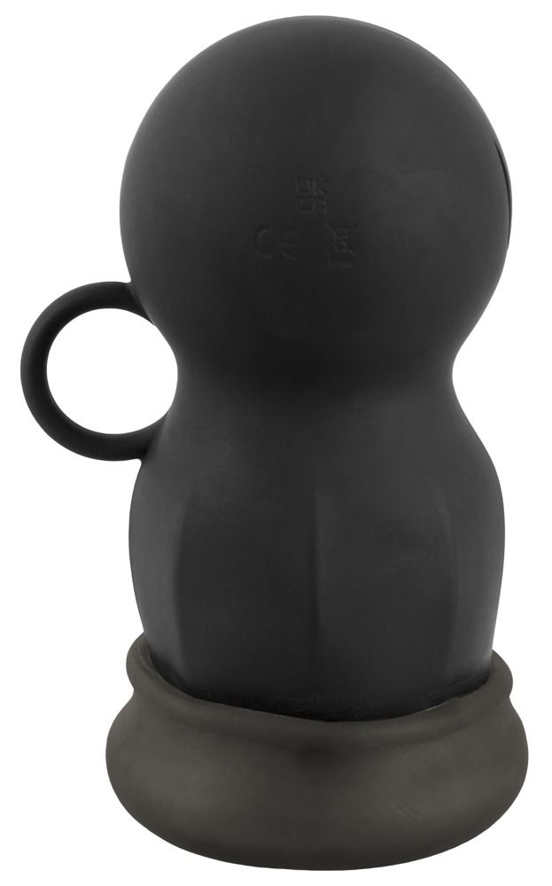 Schwarzes Wellness-Produkt. Runde Form mit Griff und Sockel. Logo REBEL. Bedienfeld mit Knopf.