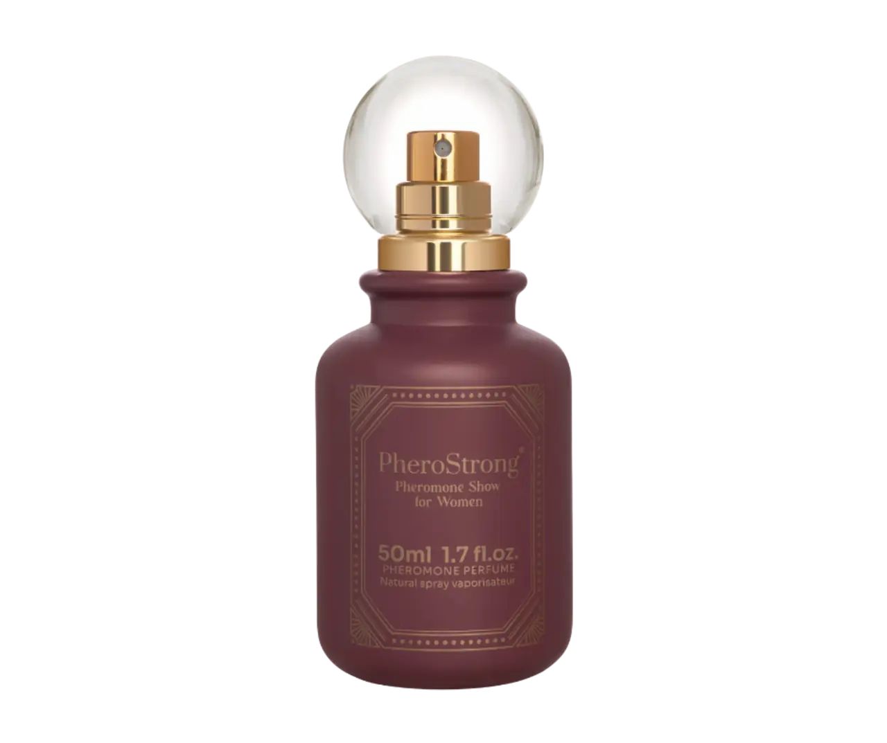 Flasche mit Zerstäuber, PheroStrong Pheromone Show für Frauen. Bordeauxfarben, goldfarbener Zerstäuber, transparente Kappe.