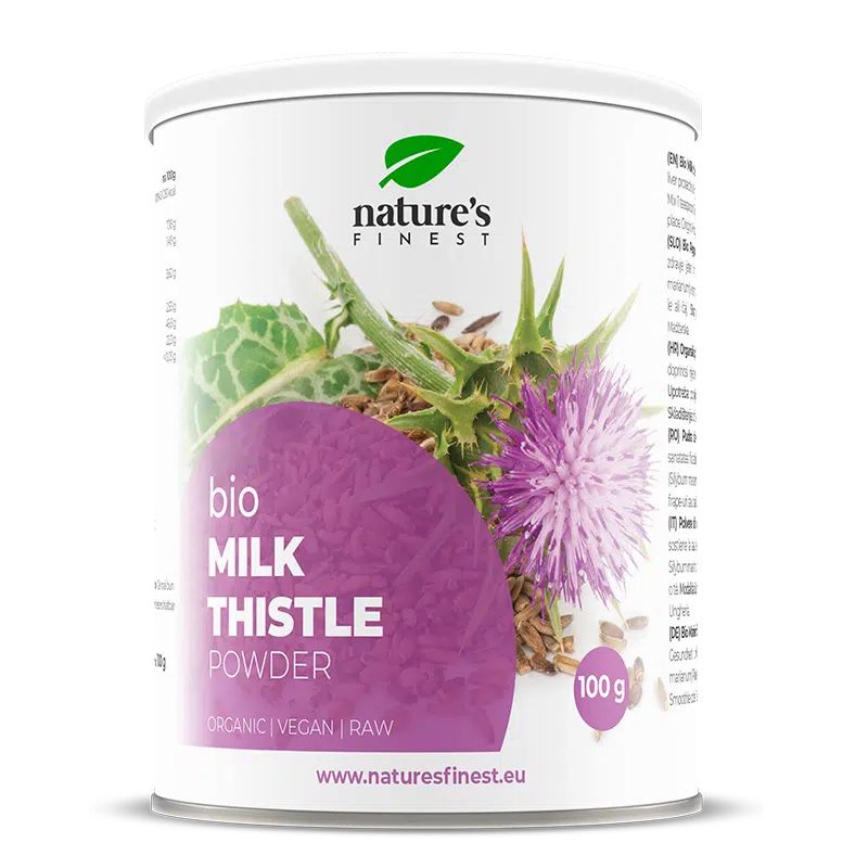 Nature's Finest Bio Mariendistel Pulver in weißer Dose, 100g. Mit Abbildung der Pflanze und Samen.