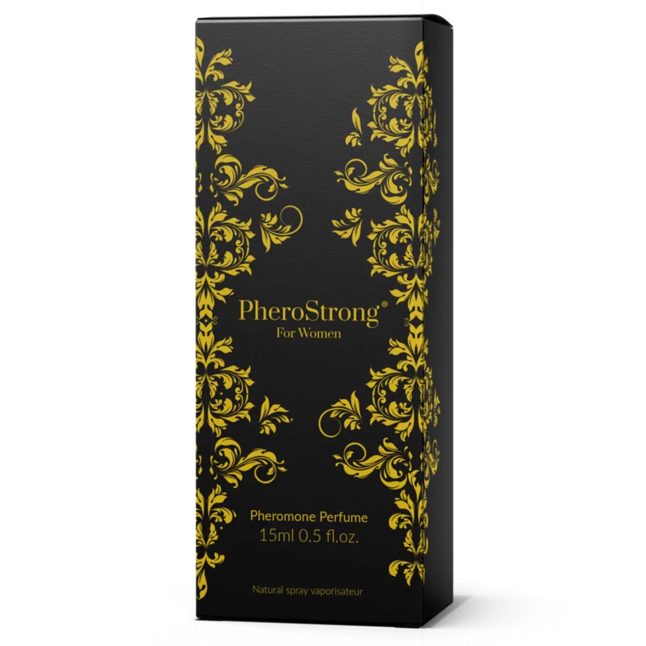 Schwarze Verpackung mit goldenem Ornament-Design. Aufschrift: PheroStrong für Frauen. Pheromon-Parfüm, 15ml.