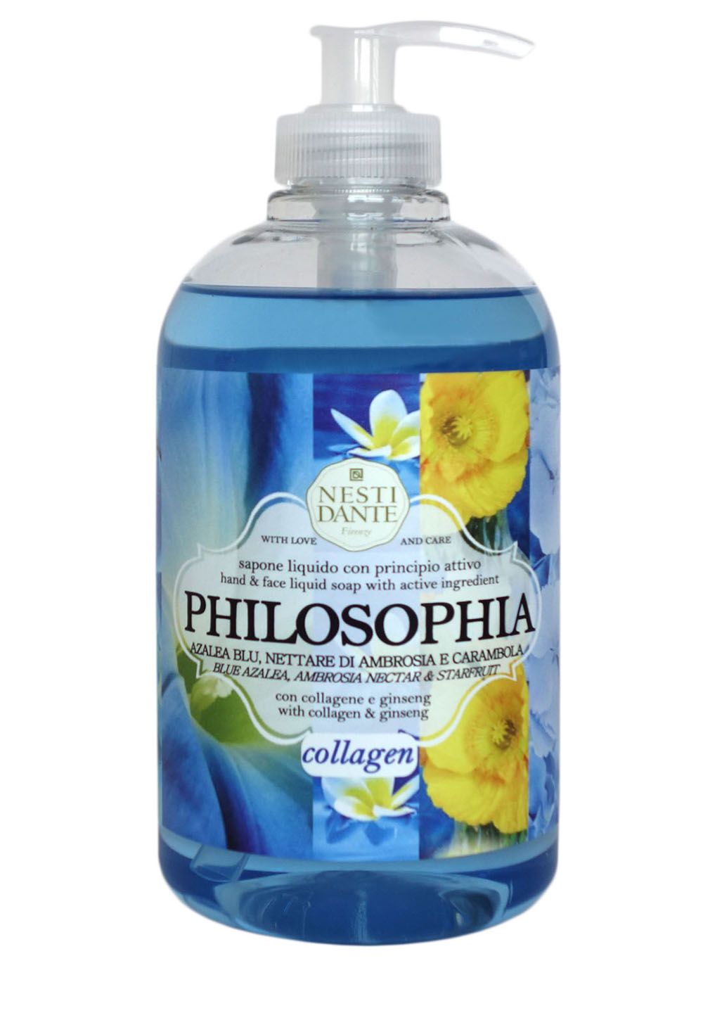 Flüssigseife in einer transparenten Flasche mit Pumpverschluss. Blaue Flüssigkeit, Etikett mit Produktnamen und Inhaltsstoffen.