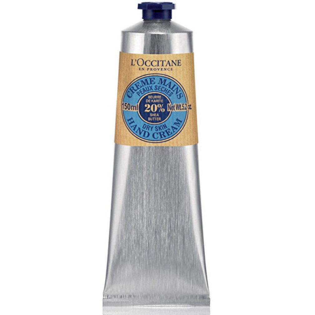 Silberfarbene Tube mit braunem Etikett. Aufschrift: L'Occitane, Crème Mains, 20% Shea Butter, Hand Cream. Unten: 150ml, Net Wt. 5.2 oz.