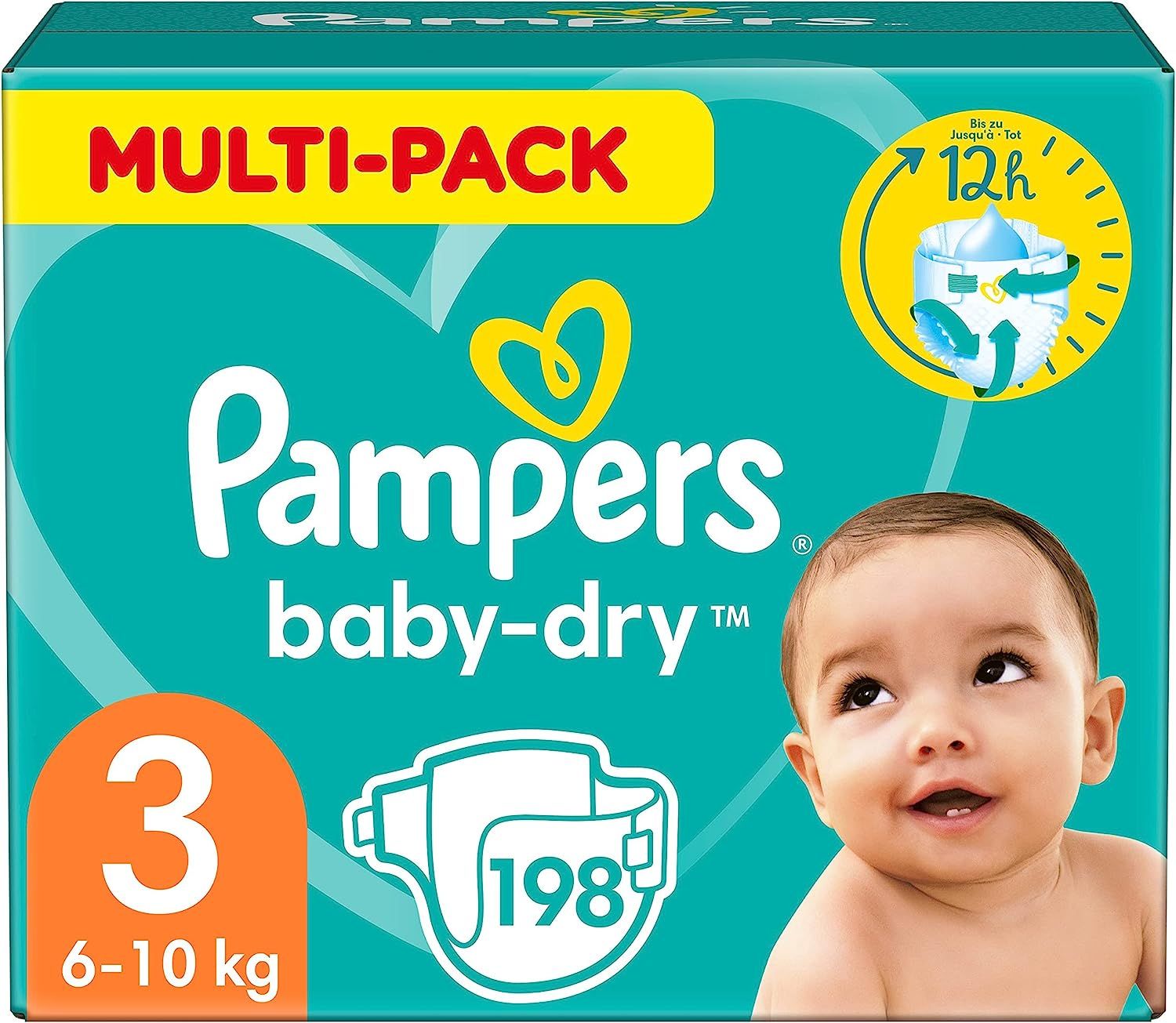 Pampers Baby-Dry Windeln, Größe 3, 6-10 kg, MONATSBOX. Verpackung mit Baby-Illustration und Produktinformationen.