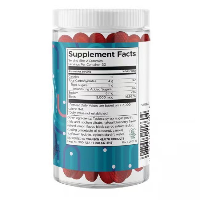 Rückseite der SWANSON Biotin-Dose. Nährwertangaben und Zutatenliste auf weißem Etikett. Vegan und glutenfrei.