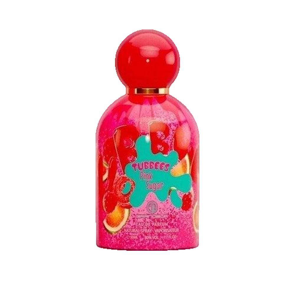 Runde, pinkfarbene Flasche mit rotem Deckel. Aufschrift: TUBBEES Pink Sugar. Fruchtmuster. Goldener Hals.