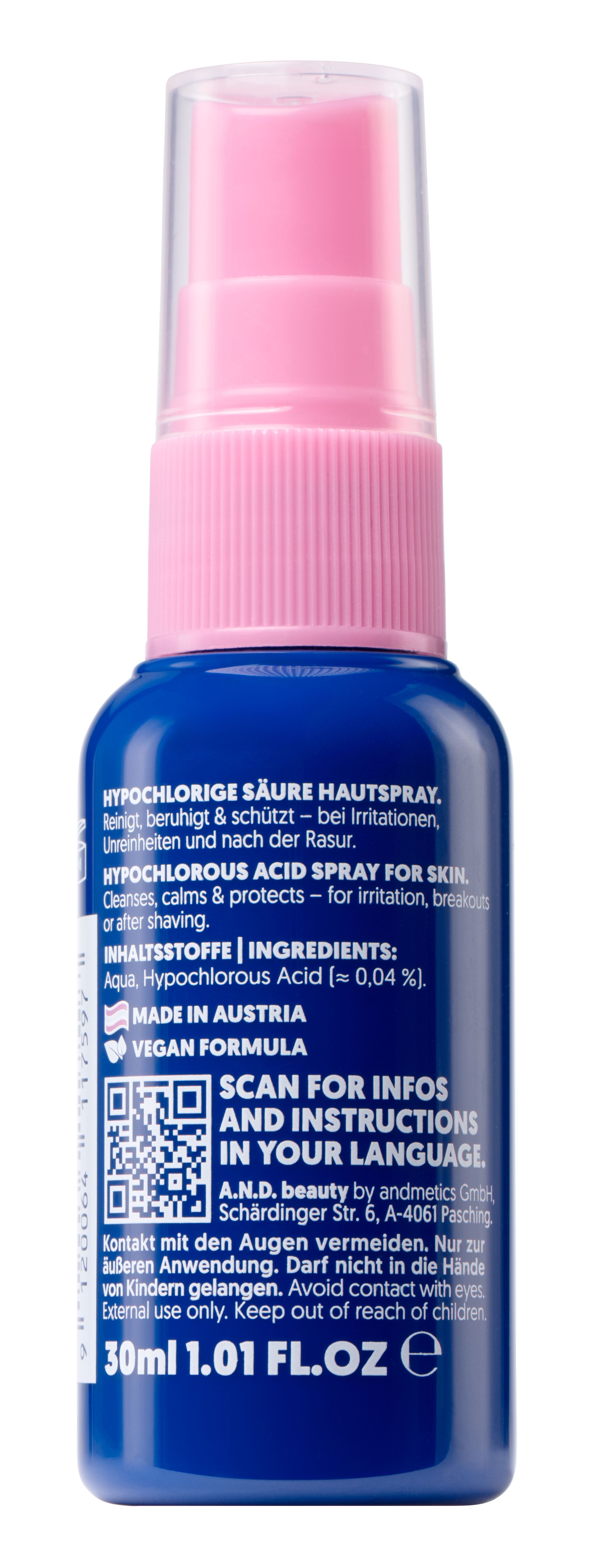 Rückseite eines blauen Sprühflakons mit rosa Sprühkopf. Enthält Informationen über Inhaltsstoffe und Anwendung.