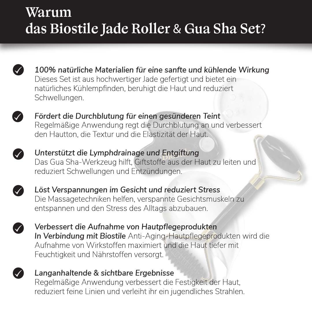 Jade-Roller und Gua Sha Stein mit Text, der die Vorteile des Sets hervorhebt.