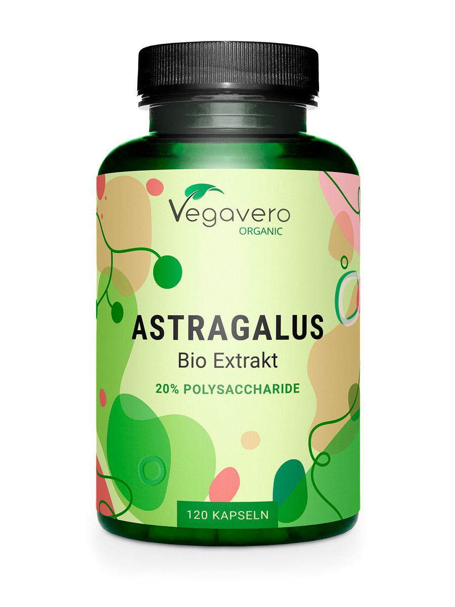 Grüne Flasche mit schwarzen Deckel. Aufschrift: Astragalus Bio Extrakt, 20% Polysaccharide, 120 Kapseln. Marke: Vegavaro Organic.