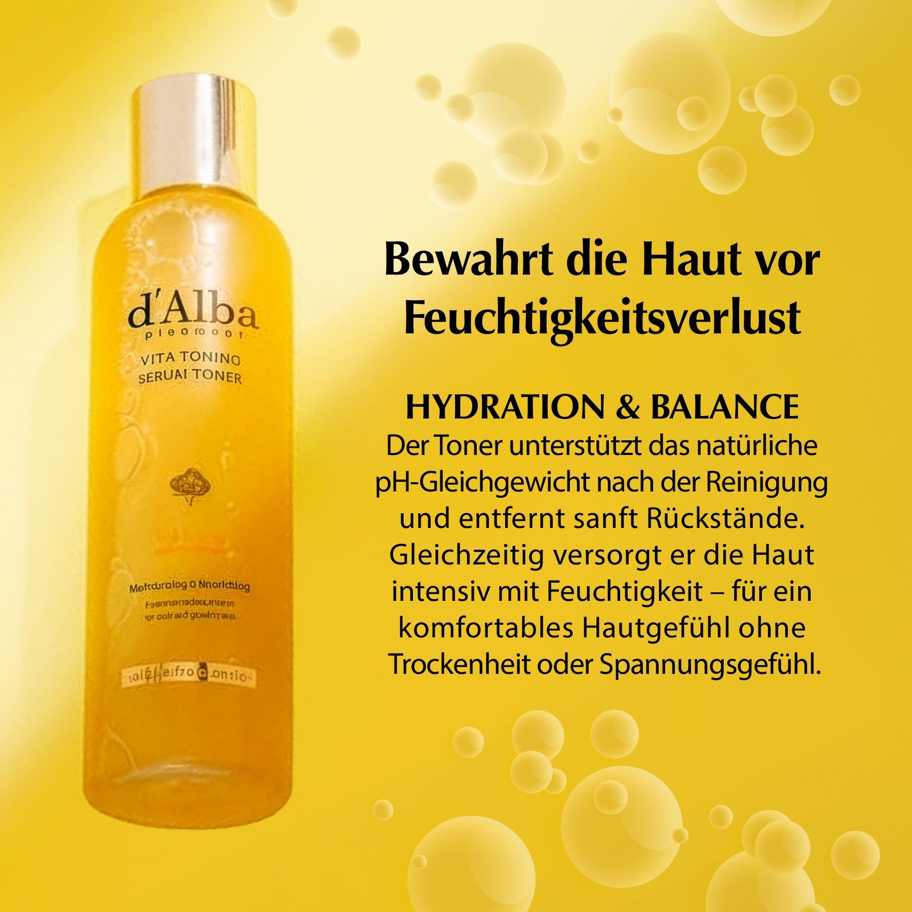 Gelbe Flasche mit d'Alba Vita Toning Serum Toner. Text: Bewahrt die Haut vor Feuchtigkeitsverlust. Hydration & Balance.