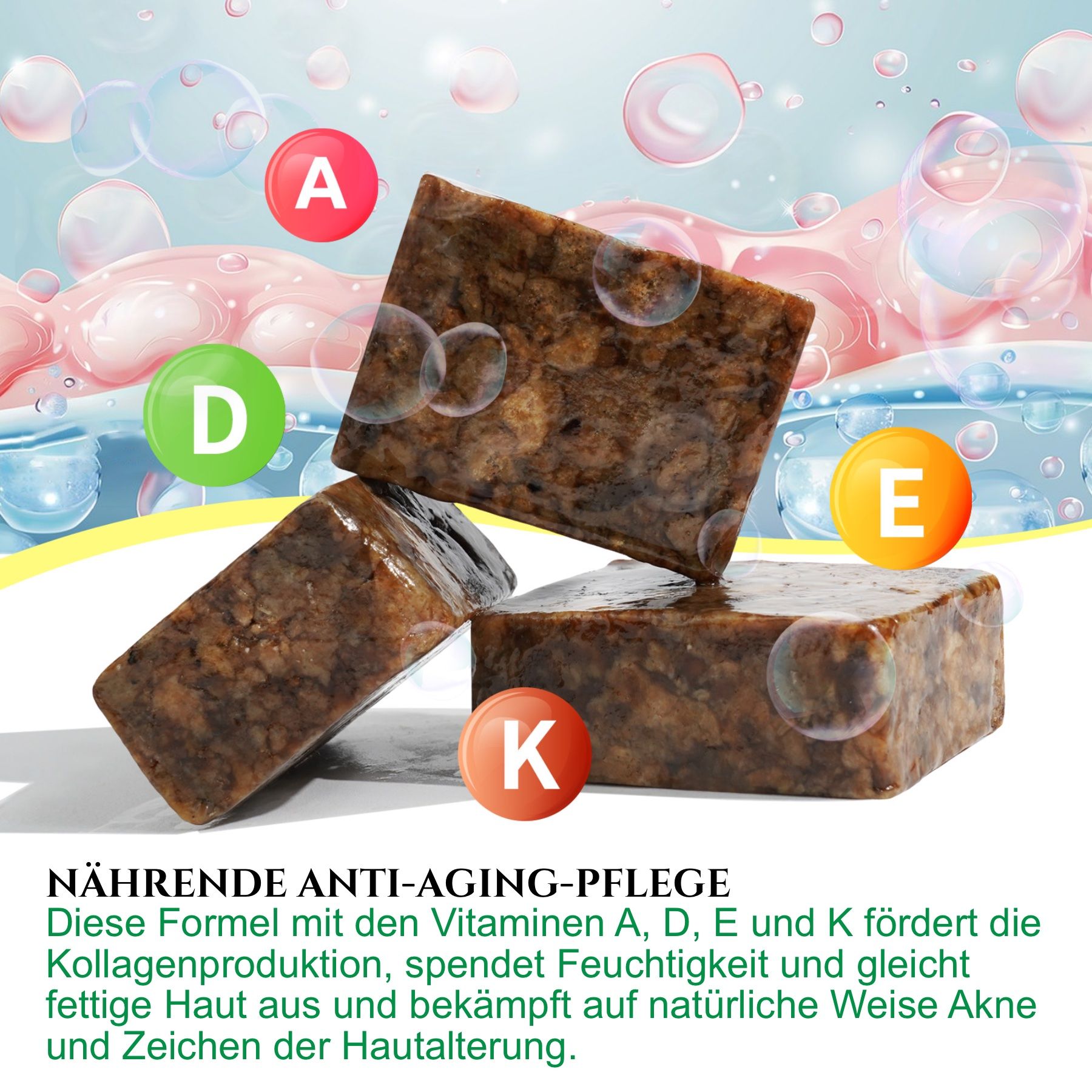 Drei Stücke schwarze Seife. Text: Nährende Anti-Aging-Pflege. Mit Vitaminen A, D, E und K. Fördert die Kollagenproduktion.
