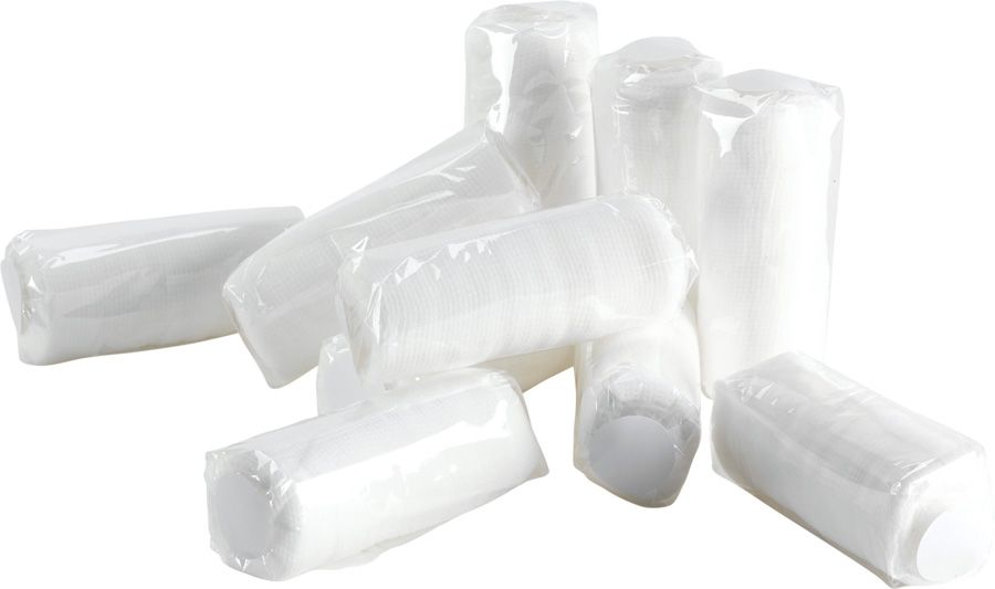 Mehrere einzeln verpackte, weiße Wundbinden. Zylindrische Form, transparent verpackt.
