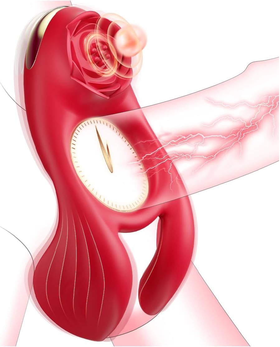 Roter Vibrator mit rosenförmigem Aufsatz und Uhr-Design. Gezeigt in Anwendung. Elektrische Linien visualisieren die Stimulation.