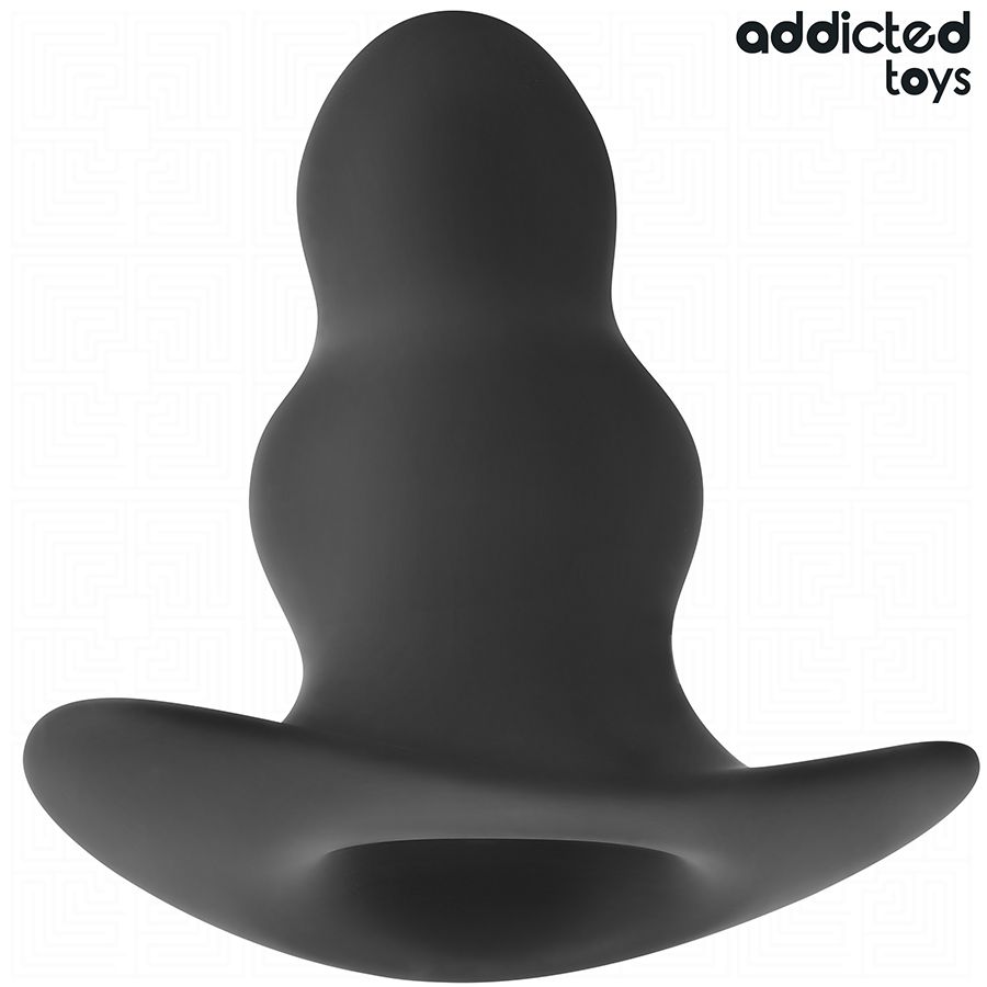 Schwarzer Analplug aus Silikon. Form mit breiter Basis und konischem Schaft. Marke: Addicted Toys.