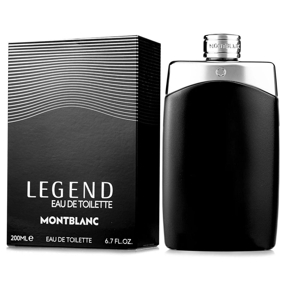 Schwarzer Flakon mit silberner Kappe und Verpackung. Aufschrift: LEGEND, MONTBLANC. 200ml.