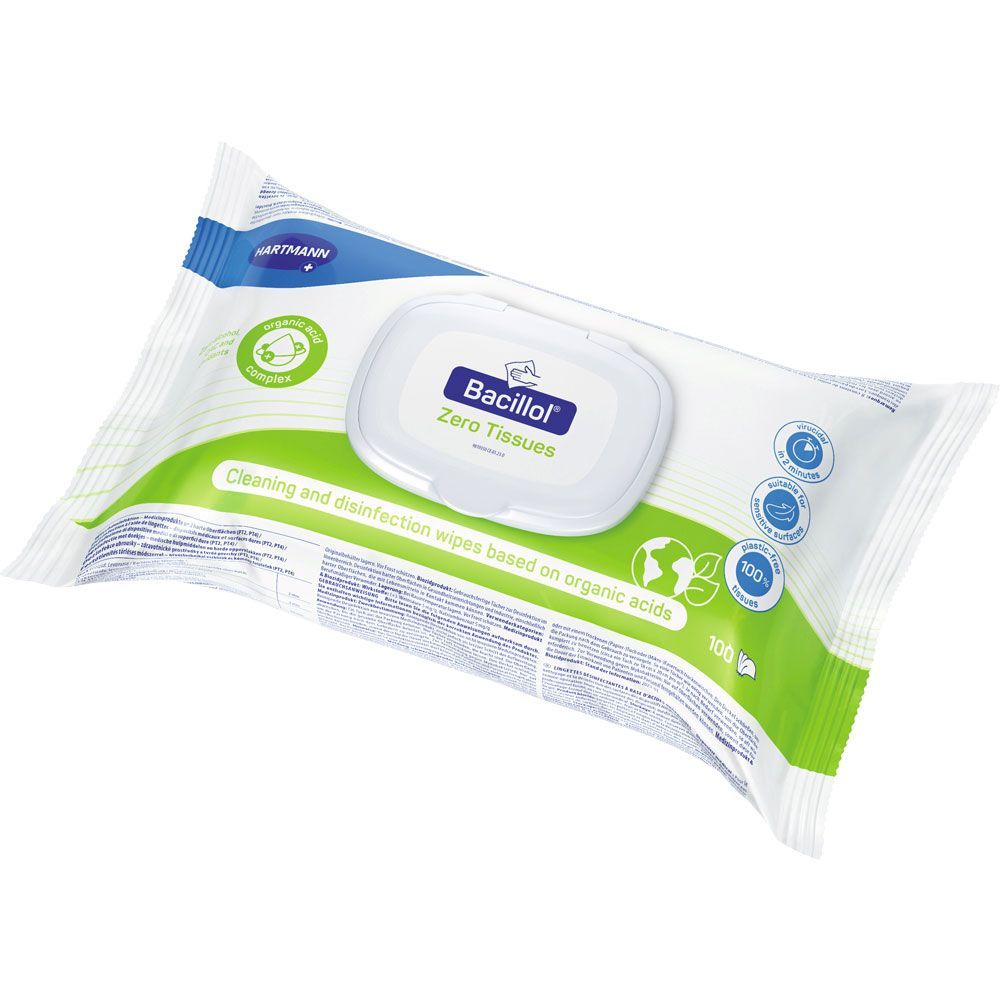 Hartmann Bacillol® Zero Tissues: Reinigungstücher in einer Packung mit 100 Stück.