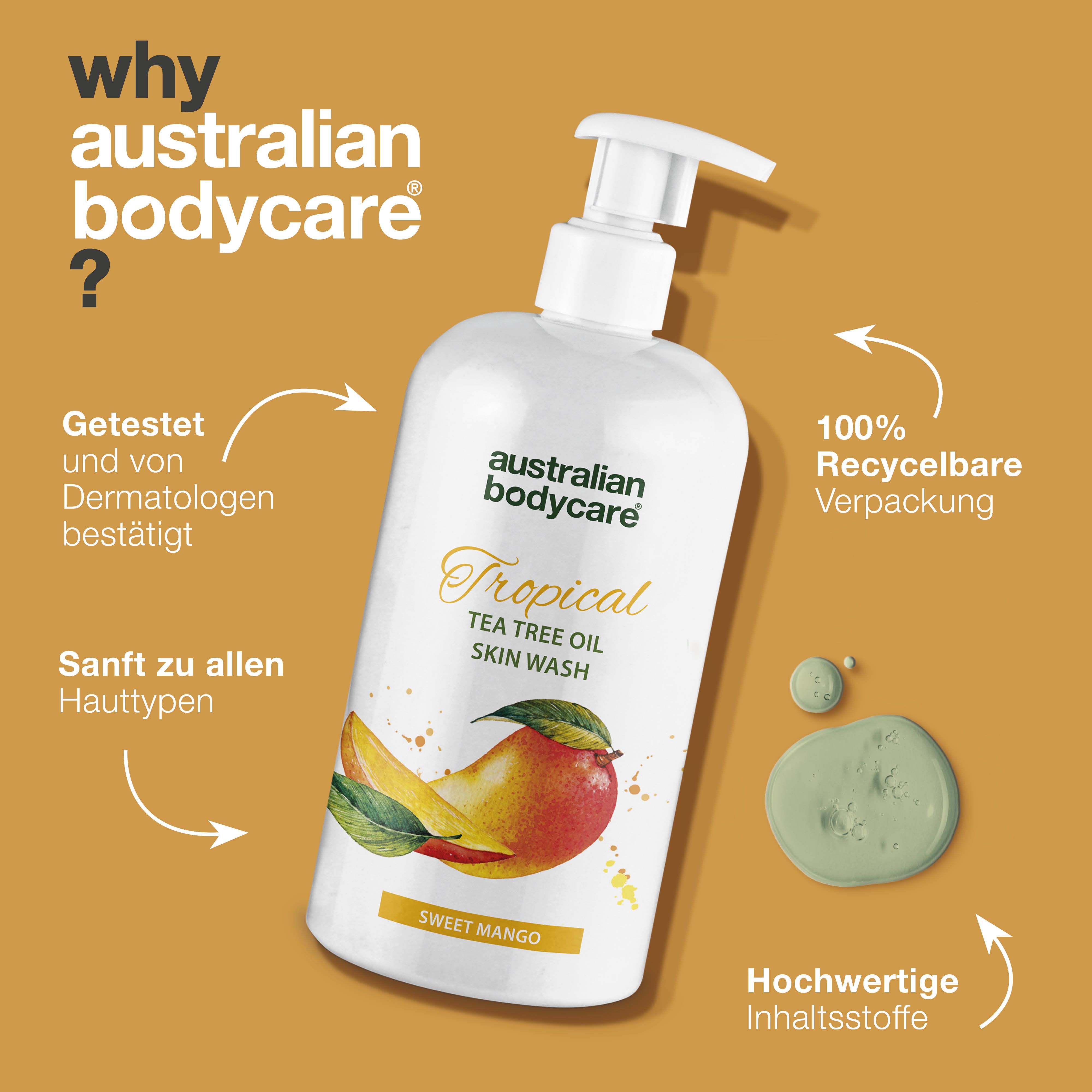Flasche mit Mango-Duschgel. Text: Australian Bodycare, Warum Australian Bodycare? Text: Getestet, 100% recycelbare Verpackung.