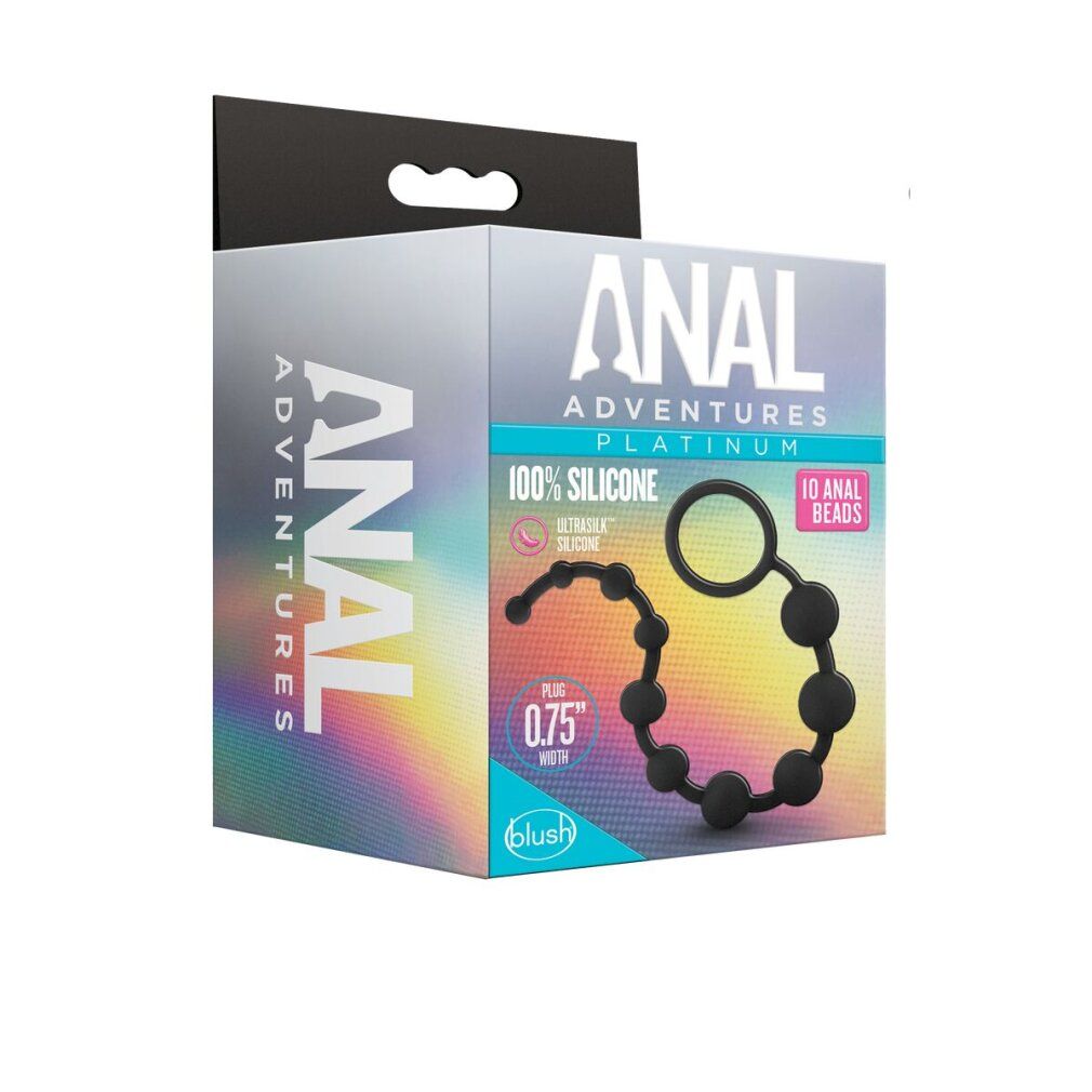 Verpackung mit schwarzen Anal Beads. Aufschrift: ANAL ADVENTURES PLATINUM, 100% Silicone, 10 Anal Beads. Marke: blush.