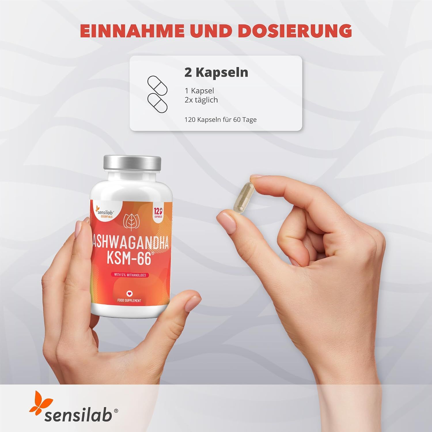 Sensilab Ashwagandha KSM-66: Einnahme 2 Kapseln täglich für 60 Tage. 120 Kapseln.
