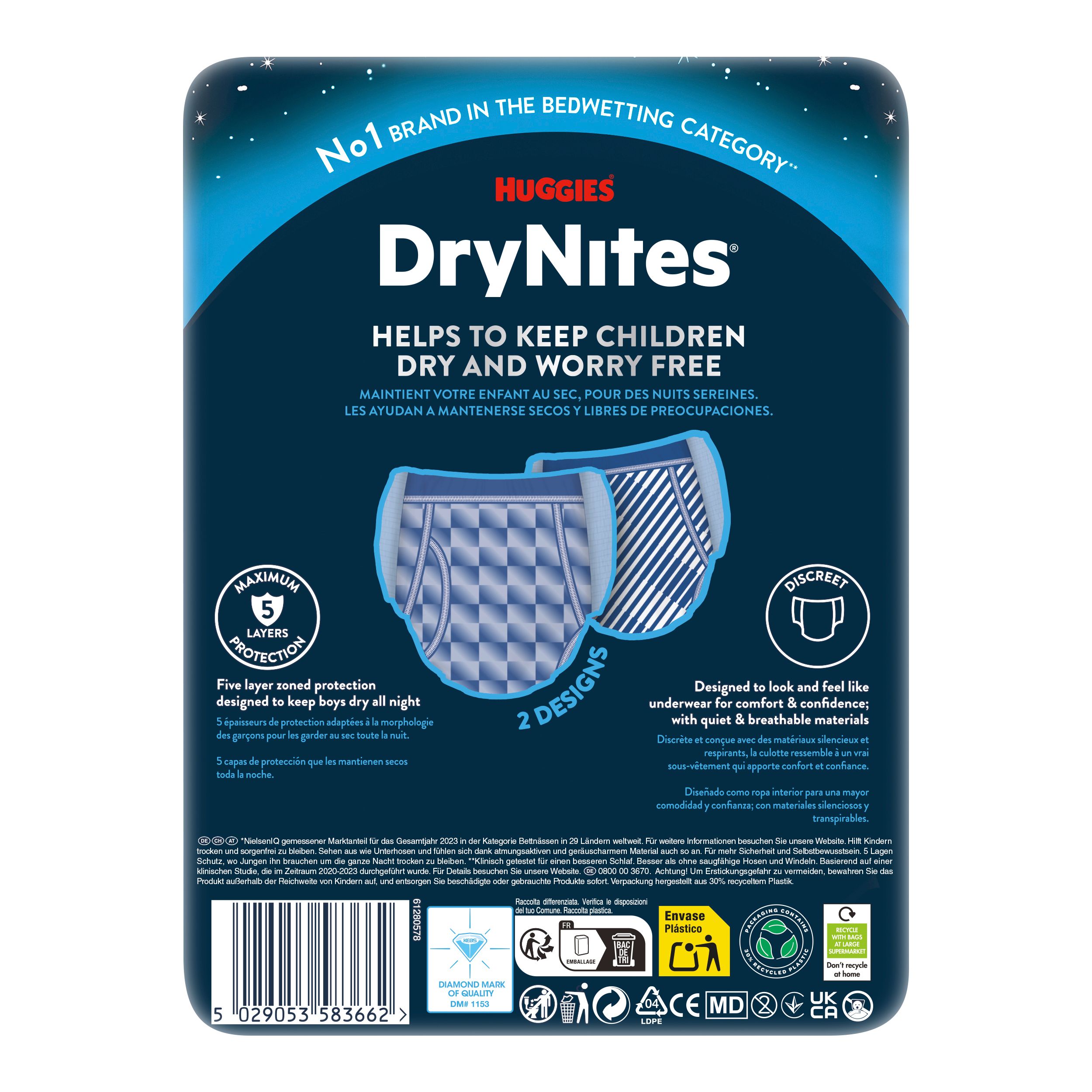 Rückseite der Verpackung Huggies DryNites. Text: Hilft Kindern trocken und sorgenfrei zu bleiben. 2 Designs. 5-Lagen-Schutz. Diskret.