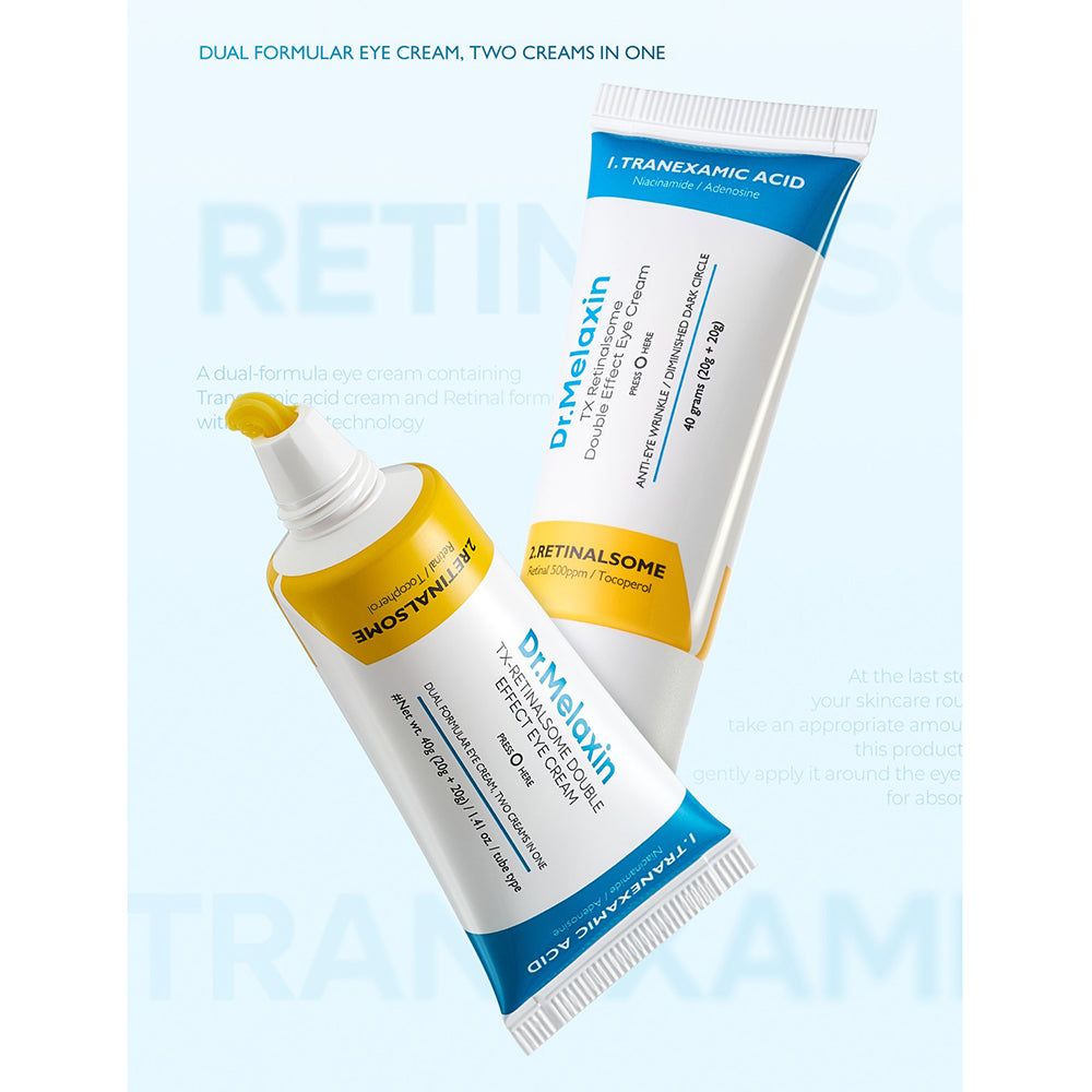 Zwei Tuben der Dr. Melaxin TX Retinalsome Augencreme mit doppeltem Effekt, eine davon leicht gedrückt, auf weißem Hintergrund.