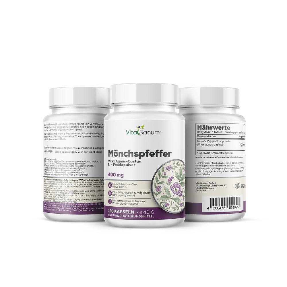 Drei weiße Flaschen VitaSanum Mönchspfeffer. Aufschrift: 400 mg, 120 Kapseln. Illustration von lila Blüten. Nahrungsergänzungsmittel.